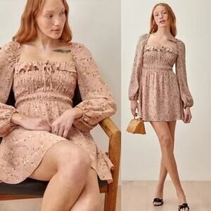 NEW Reformation Morris Melody Floral Ruffle Long Sleeve Mini Dress Pink Size: 14